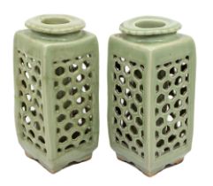 Two Longquan celadon glazed reticulated vases, cong, Ming Dynasty (1368-1644), approx 17cm high (2)