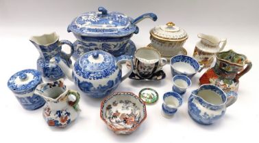A collection of blue/white 19th/20th century Spode with Masons of Derby 19th century China and