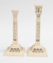 A pair of early 20th century Leeds Pottery mantel candlesticks - finely pierced. Probably attributed