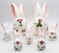 Collection of mid 20th Century Plichta rabbits, five small and two large (7)