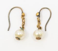 A pair of faux pearl gilt metal earrings in a leather bound antique small jewel case