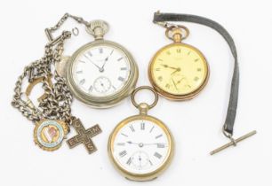 A collection of three open faced pocket watches including a white metal cased Elgin pocket watch,