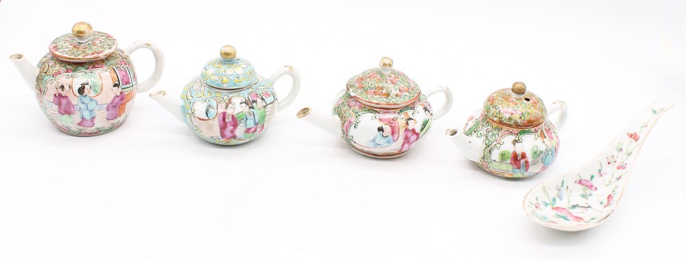 A collection of small Chinese export famille rose teapots, c.1870, with rose medallion detail, along