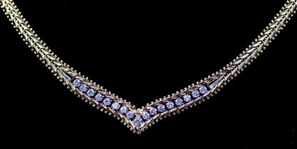 A diamond and 14ct gold fancy link collar necklace, comprising a herringbone link with beaded