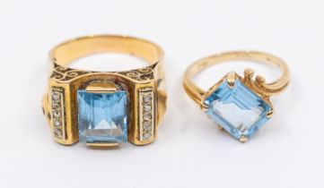 Two stone set gold dress rings, to include a retro ring set to the centre with a rectangular