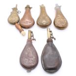 A collection of mixed late 19th or 20th century brass, leather or copper powder flasks to include;