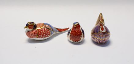 Three Royal Crown Derby gold stopper paperweights, pheasant, cockerel and robbin