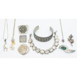 A collection of jewellery including an ILaria silver bracelet, comprising blue bell motif links,