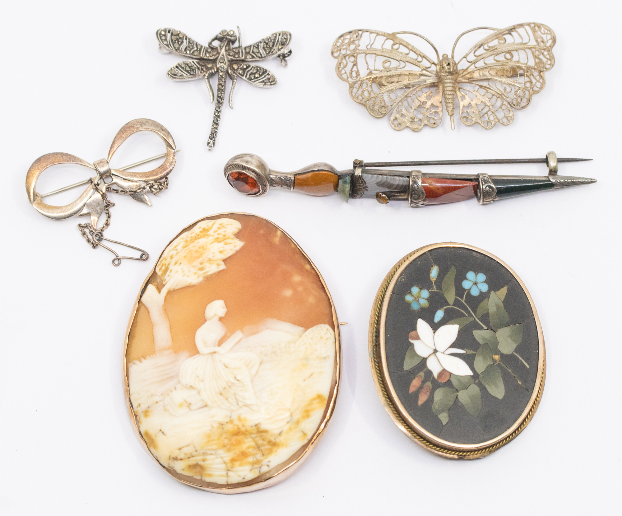 A collection of various brooches to include a 19th century large cameo brooch, depicting a seated