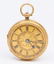 A 19th century 18ct gold open faced pocket watch, comprising a gilt dial with foliate decoration