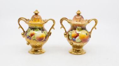 Coalport - A similar pair of hand painted twin handled pot-pourri footed vases, each with detachable