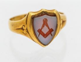 Masonic Interest- a gentleman's gold hard stone signet ring, comprising a shield shaped cartouche