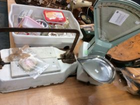 Set of vintage Avery shop scales along with vintage Parnalls enamel meat/cheese slicer.