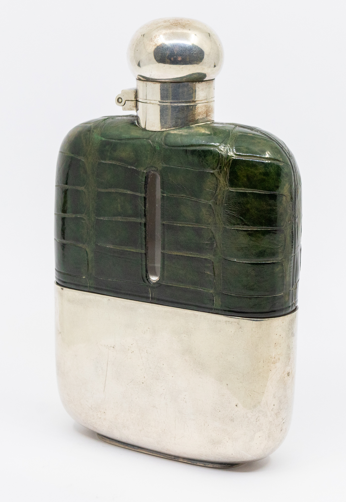 A 20th century silver plated hip flask with green crocodile skin leather surround and detachable - Image 2 of 3