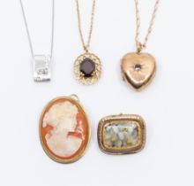 A collection of gold items to include a garnet set 9ct rose gold  heart locket on 9ct gold chain,