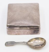 A George V silver square cigarette box, with cedarwood interior, the cover engraved with an Earl's