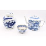 A late 18th century blue and white Chinese tea pot English porcelain along with an 18th century