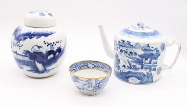 A late 18th century blue and white Chinese tea pot English porcelain along with an 18th century