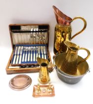 Mid 20th Century oak cased canteen of cutlery along with early 20th Century brass and copper wares.