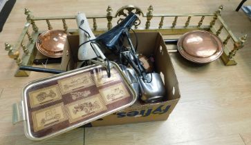 Collection of brass and metal wares to include Fender bed pans, angle lamps, tray, golf club etc inc