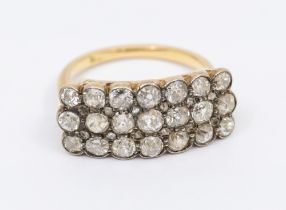 A diamond and 18ct gold cluster ring, comprising a rectangular three row mount set with old European