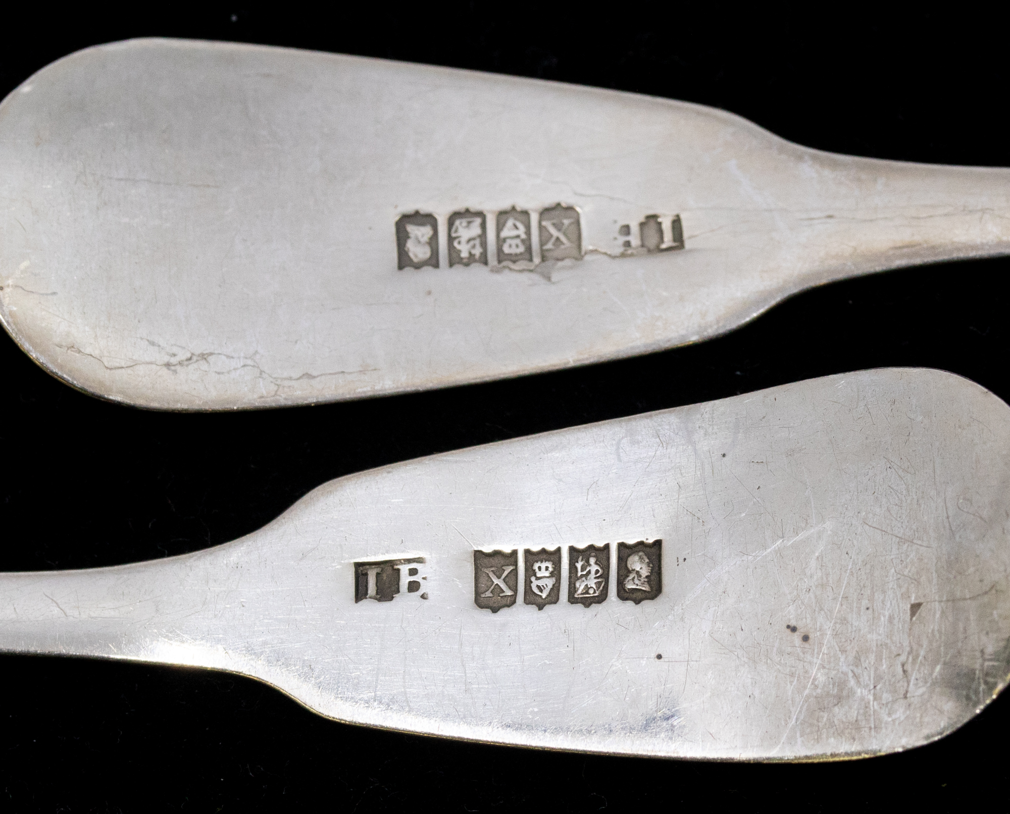 A set of six George III Irish silver fiddle patterned teaspoons, all initialled to terminals, - Image 2 of 2