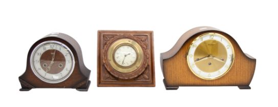 Two mid 20th century oak 8 day mantle clocks, along with French oak wall clock