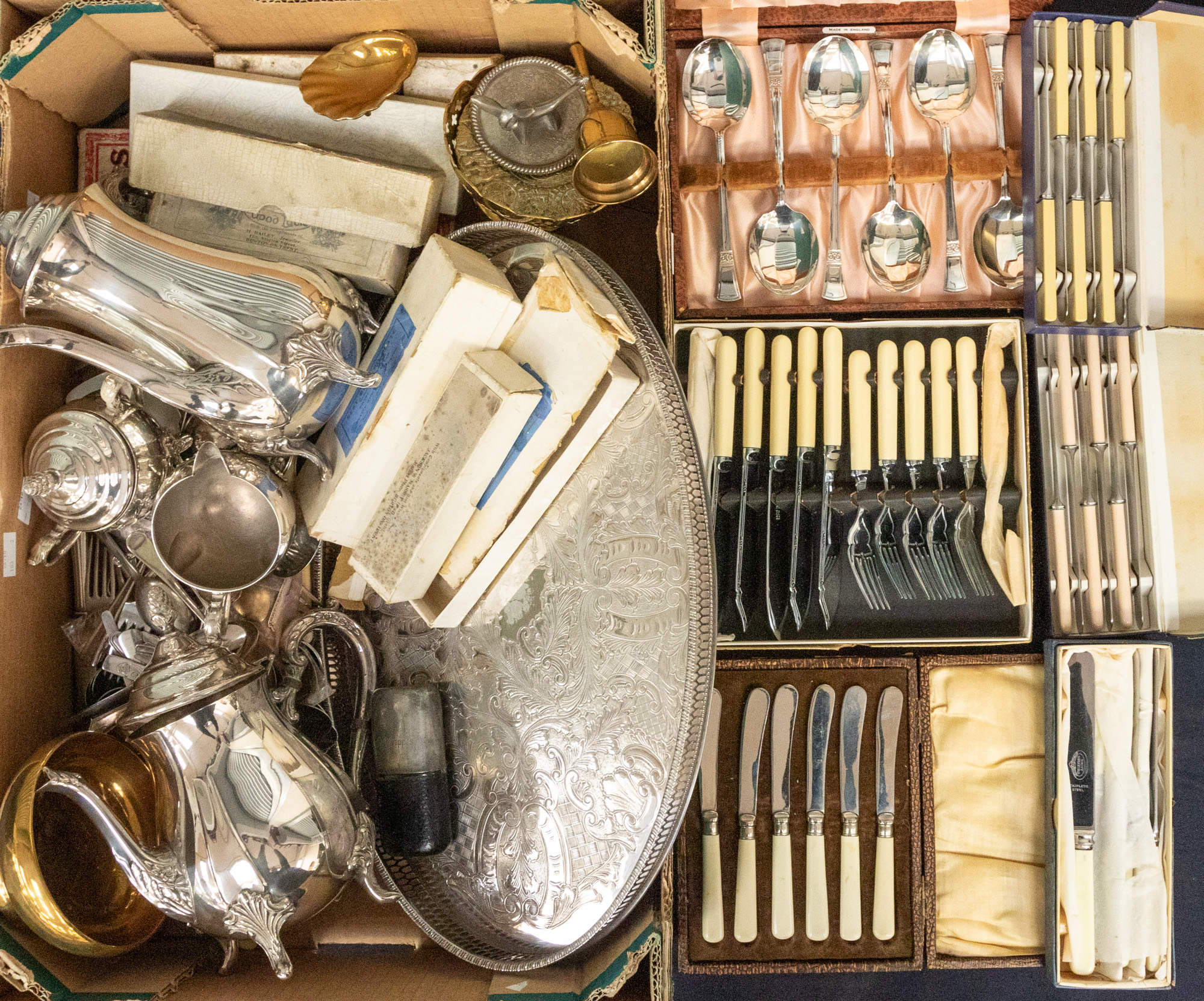 Collection of silver plate i.e trays, tea set, flat wares, cased flat wares, brass and other items.