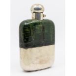 A 20th century silver plated hip flask with green crocodile skin leather surround and detachable