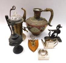 A collection of metal wares i.e. Asian, North African. Copper and brass wares, trays ,pewter etc