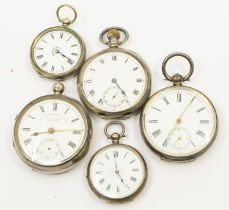 Five silver pocket watches, including all open faced versions some a/f damage and glass missing