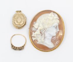 A collection of jewellery to include a 19th century large gold shell  cameo brooch, depicting a
