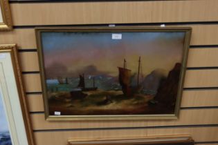 A 19th century oil on glass. Dutch in style of a coastline scene.