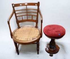 Mid Victorian swivel piano stool along with late Victorian Arts and Crafts mahogany arm chair with