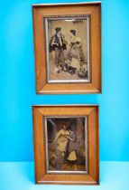 A pair of framed sepia crystoleums, one depicting two ladies, the other depicting a man and a woman.
