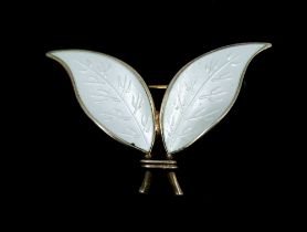 David Anderson: a silver gilt white guilloche enamel Norwegian brooch, comprising two leaves, size