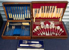 Two canteens of cutlery in mahogany boxes along with cased fish knife and fork set