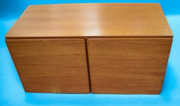 Collection of early 1980s teak or later, wall hanging two door cabinet and two floor standing low