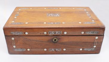 A late 19th/early 20th century oak and mother of pearl inlayed rectangular writing box with