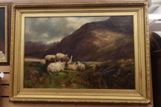 English School oil on canvas of rams and sheep country scene in gilt frame, unsigned, 90cm x 60cm.