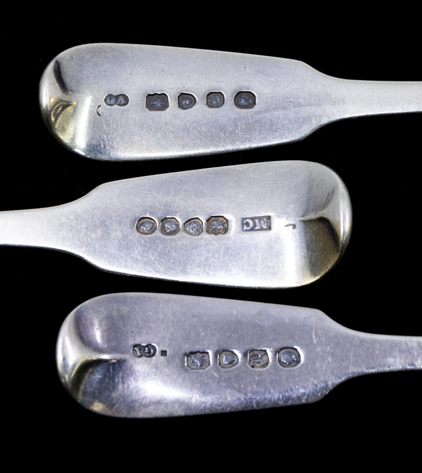 A matched collection of eight late William IV or Victorian fiddle patterned dessert spoons, all - Image 2 of 2