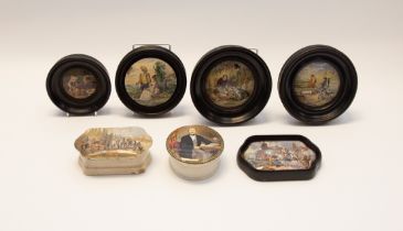 Collection of Pratt ware pot lids and pots with lids.