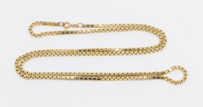 A 9ct gold box link chain, comprising square box links, width approx 2mm, length 70cm approx 80cm,