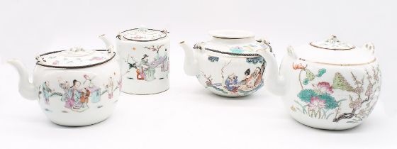 A collection of four late 19th century Chinese export porcelain tea pots: three with Republic marks,