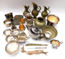 A collection of plated items to include goblets, tea set, jugs, brass wares, pots and dishes.