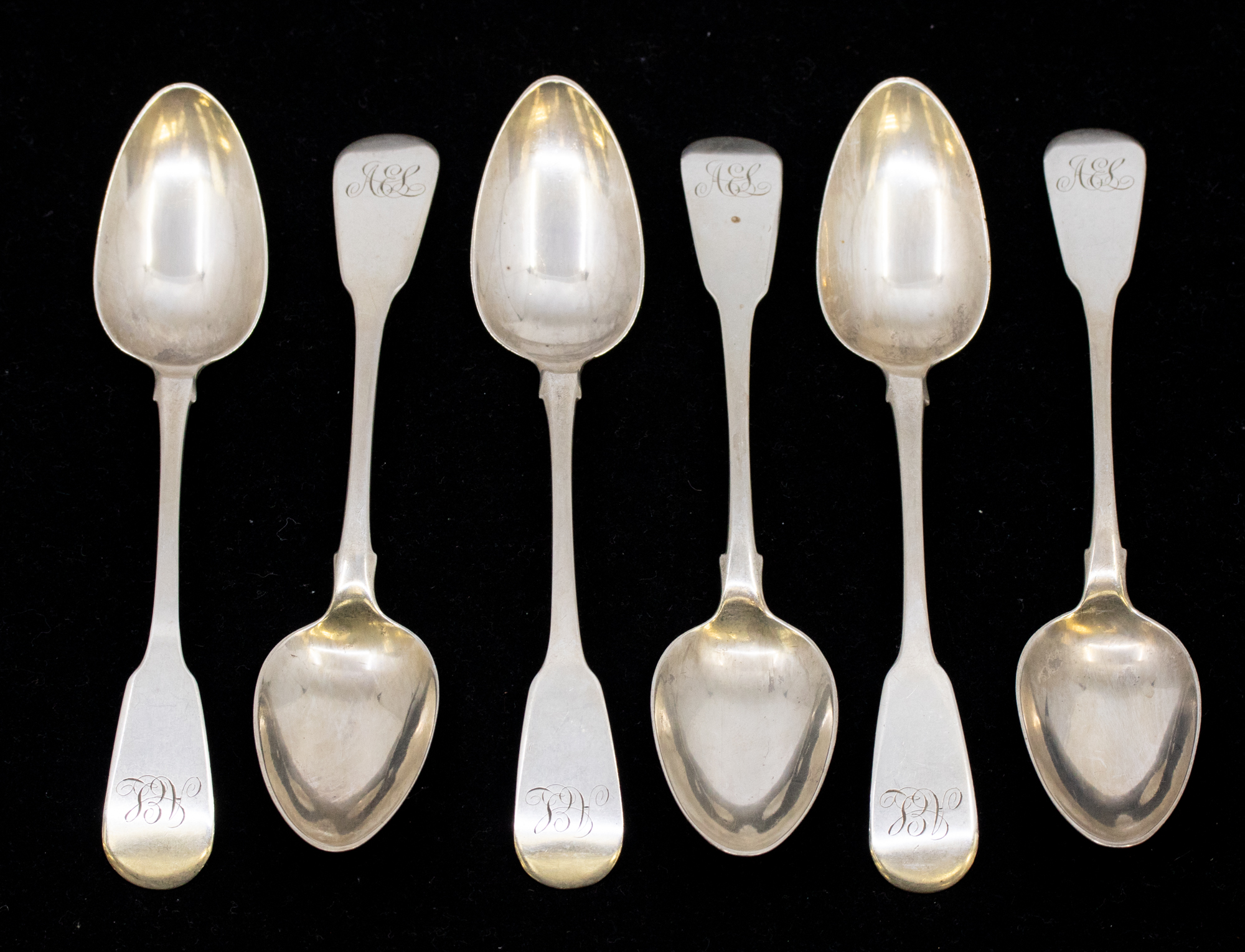 A set of six George III Irish silver fiddle patterned teaspoons, all initialled to terminals,