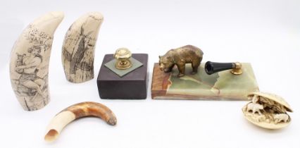 Brass bear desk stand on marble base, another paper weight stand and resin scrimshaws