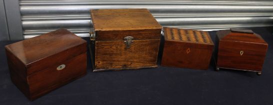 A small collection of 19th or 20th century treen boxes to include; a geometric vari-wood inlayed tea