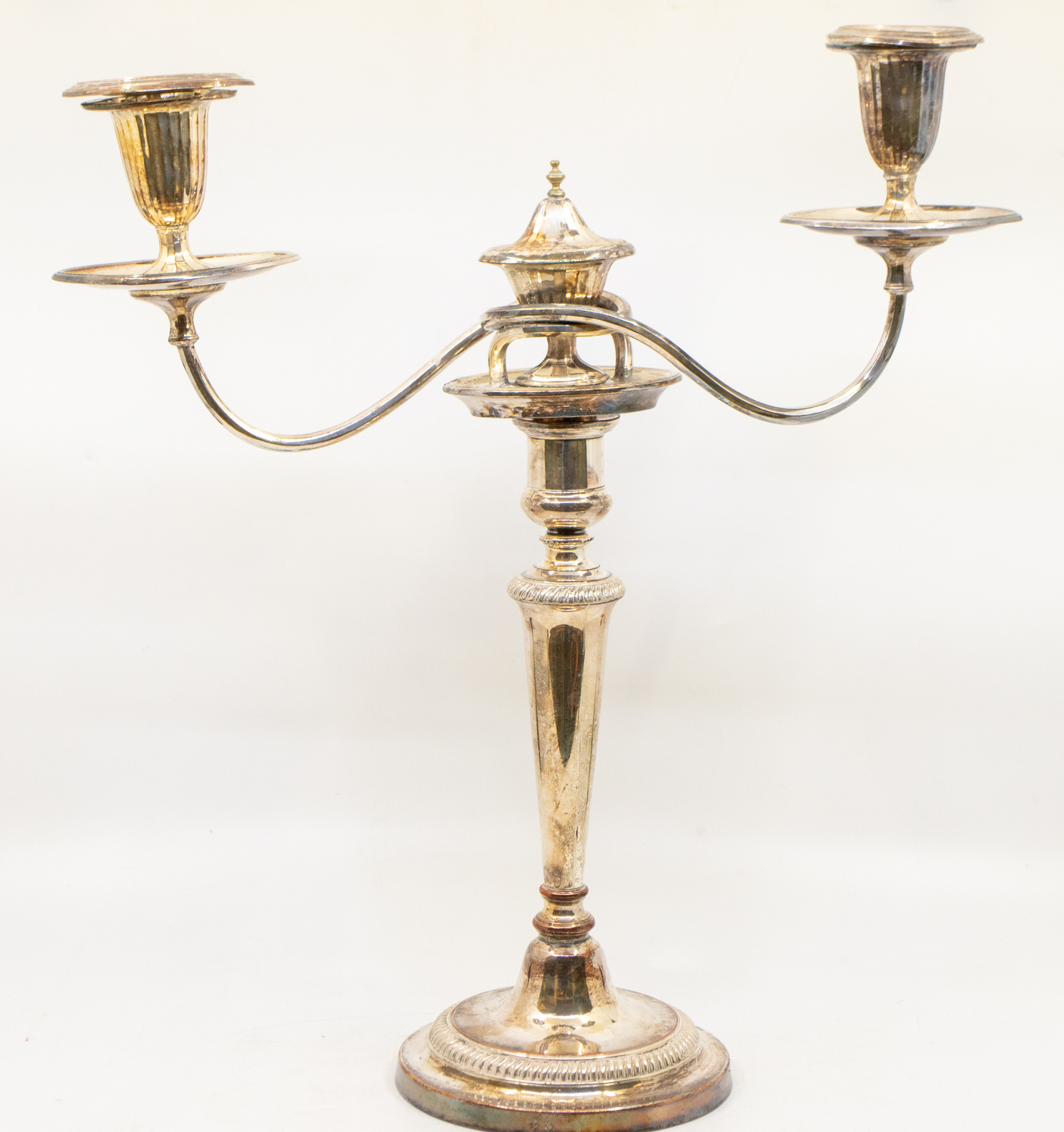 Two silver plated candelabra with fluted stems, candle holder, cream jug, etc. (6) - Image 2 of 2
