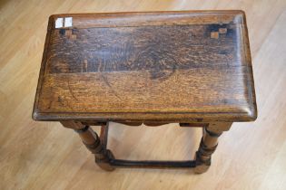 A late 17th style oak joint stool, possibly late Victorian or early 20th century, restoration